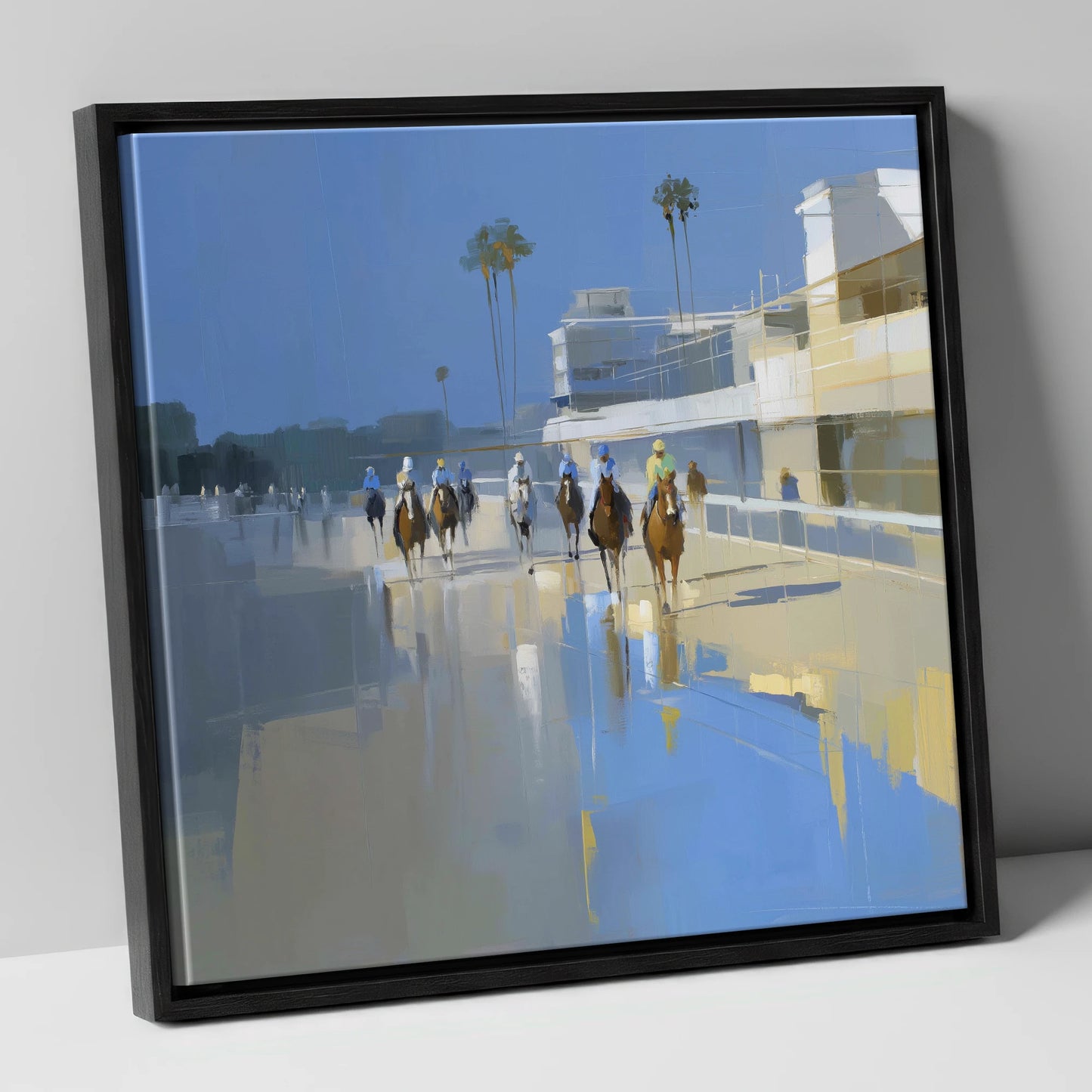 Race Day Reflections racing horse canvas wall art in black frame