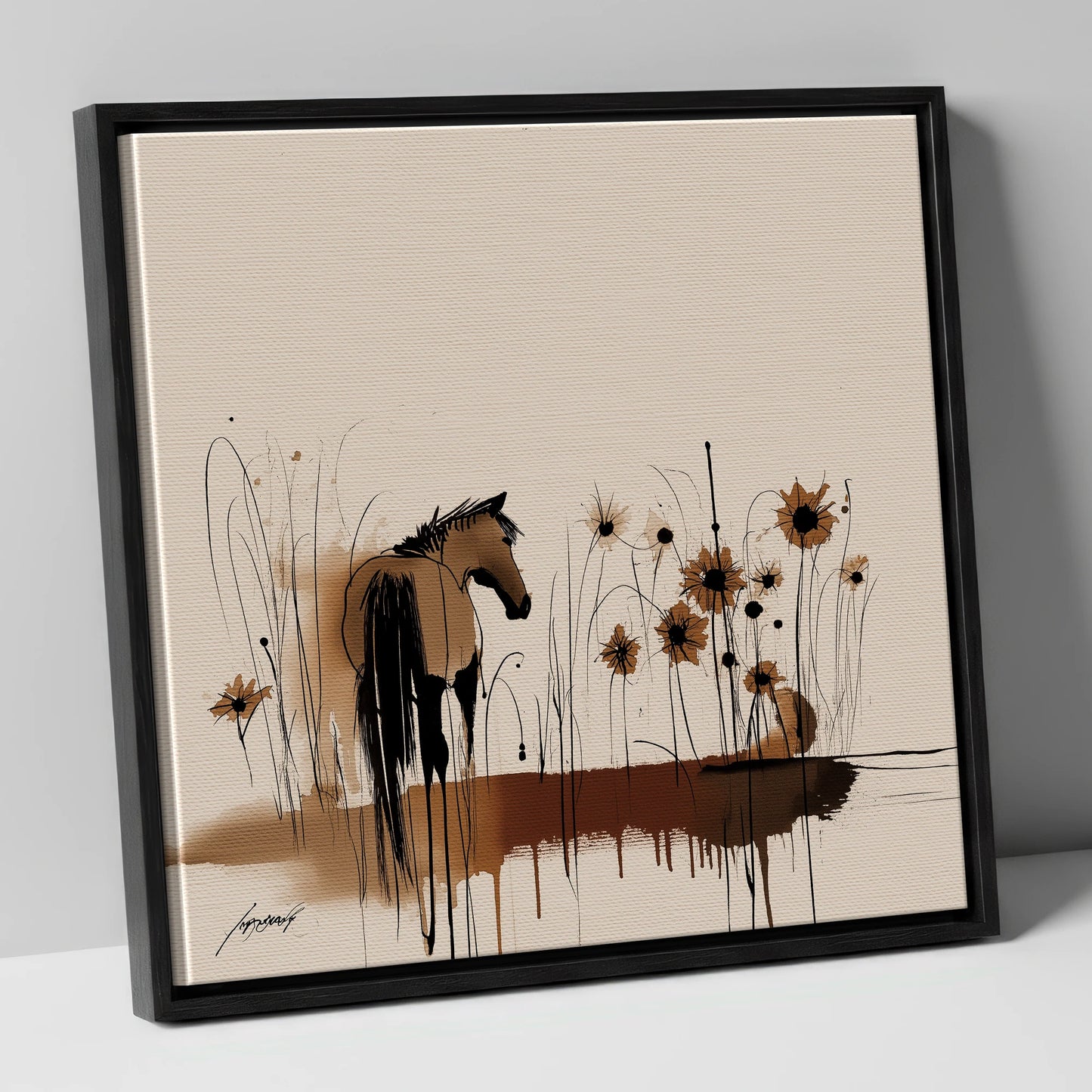 Sepia Meadow Silhouette horse landscape canvas wall art in black frame