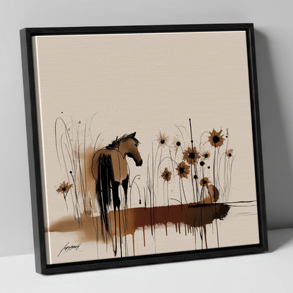 Sepia Meadow Silhouette horse landscape canvas wall art in black frame