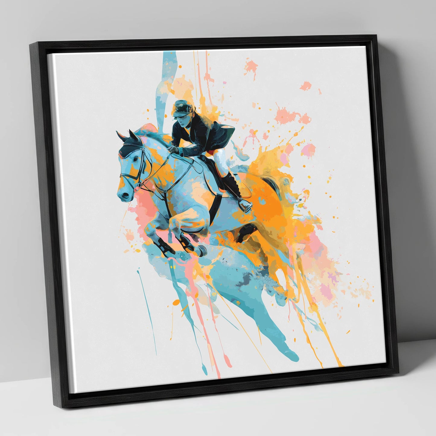 Airborne In Colour show jumping horse canvas wall art in black frame