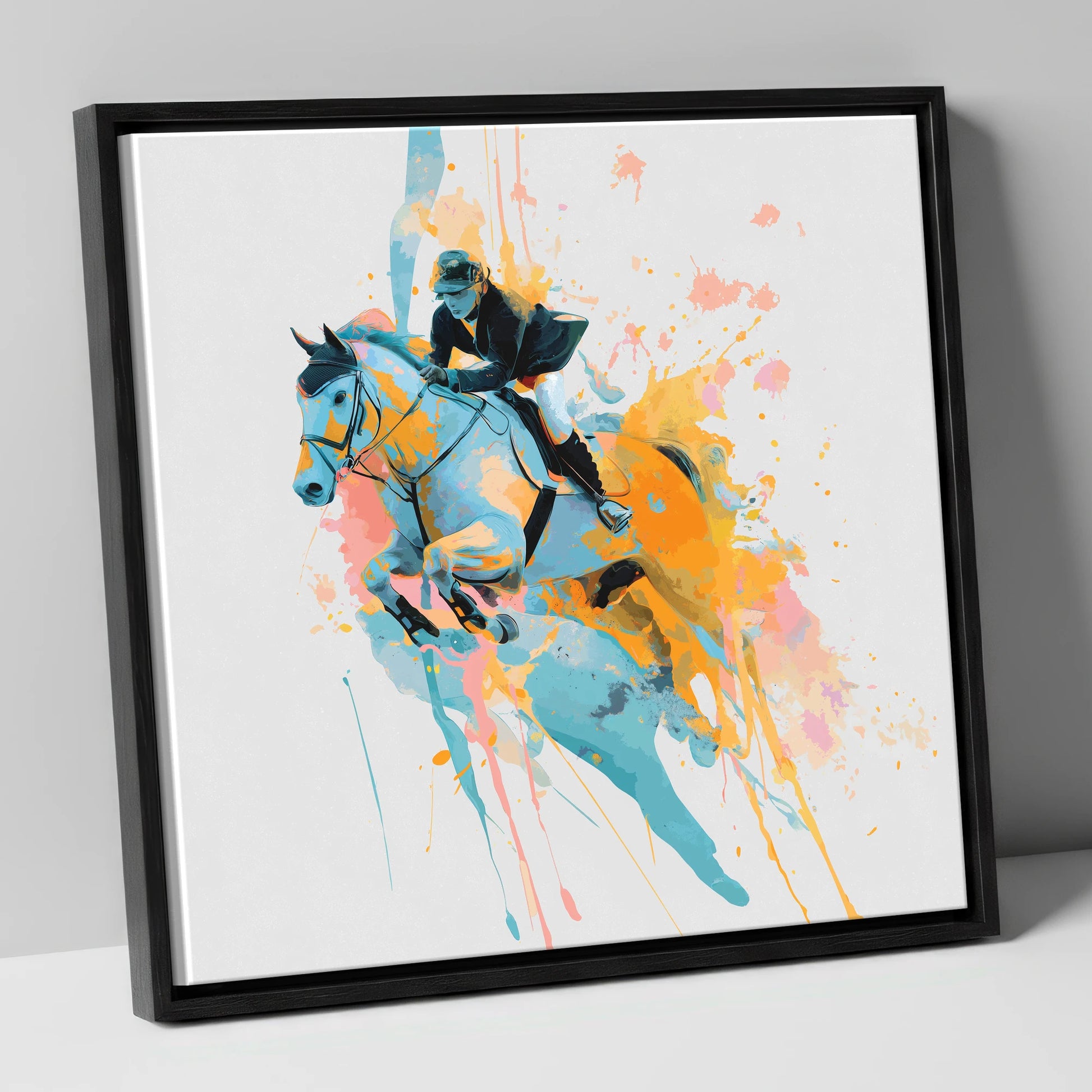 Airborne In Colour show jumping horse canvas wall art in black frame