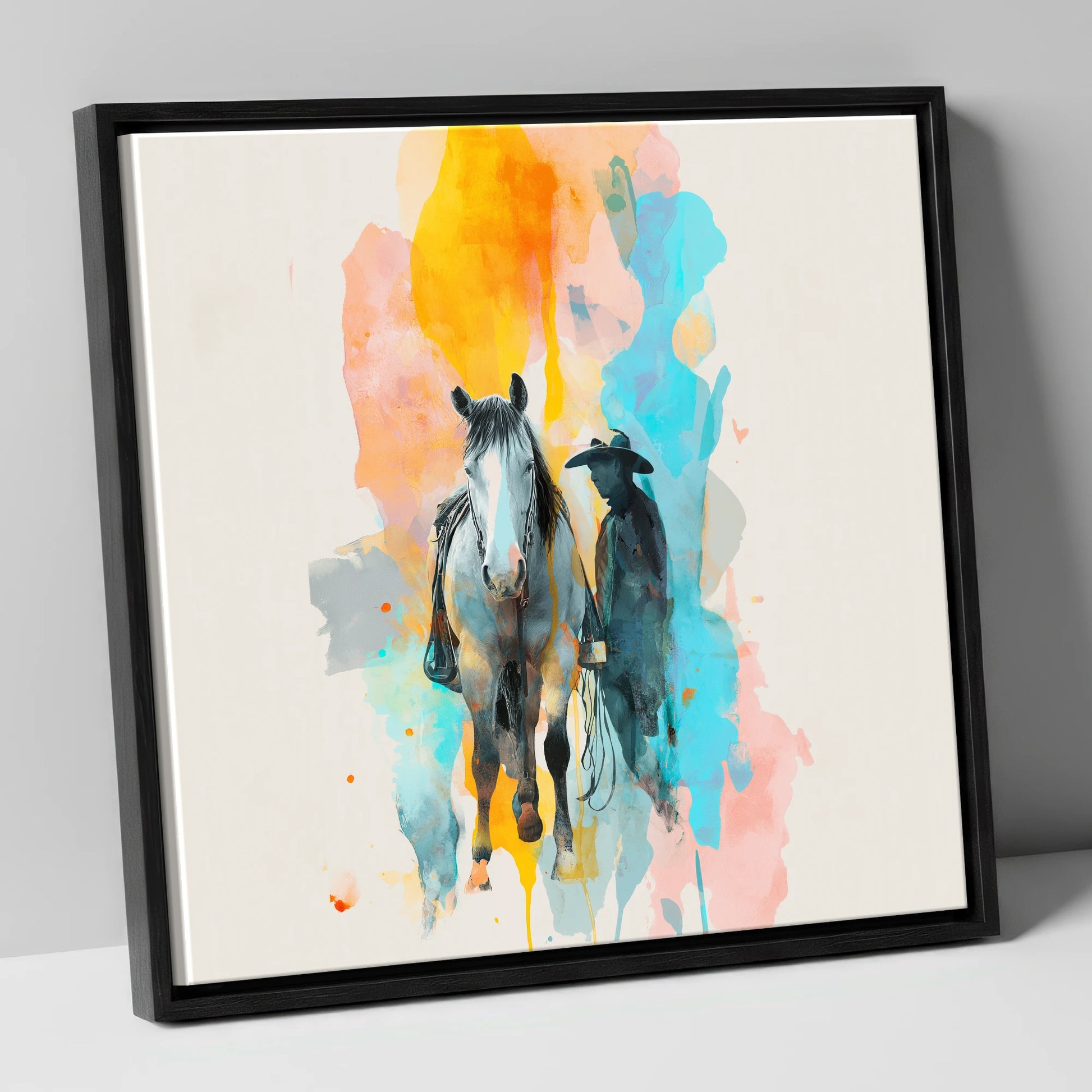 Vibrant Frontier Bond western horse canvas wall art in black frame
