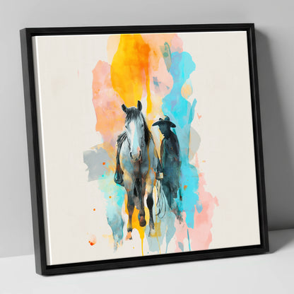 Vibrant Frontier Bond western horse canvas wall art in black frame