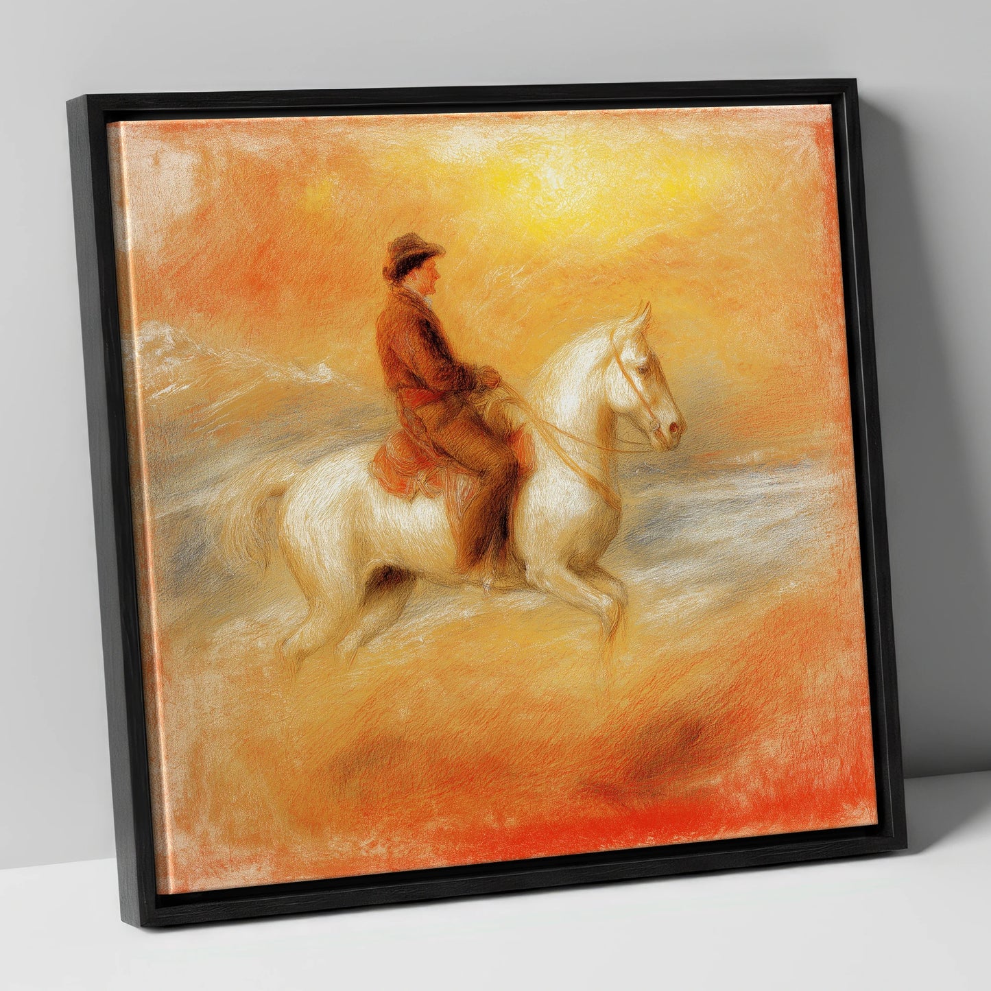 Sundown on the Plains western horse canvas wall art in black frame