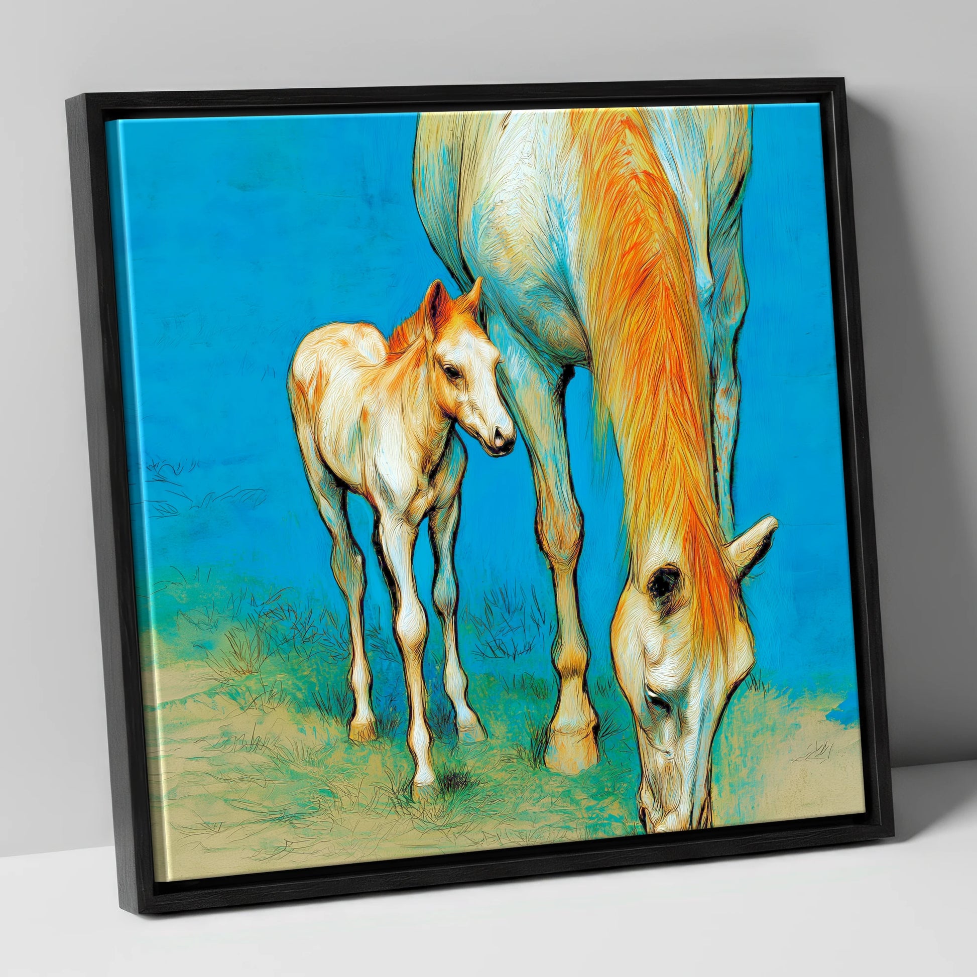 Nurture and Nature mare & foal canvas wall art in black frame