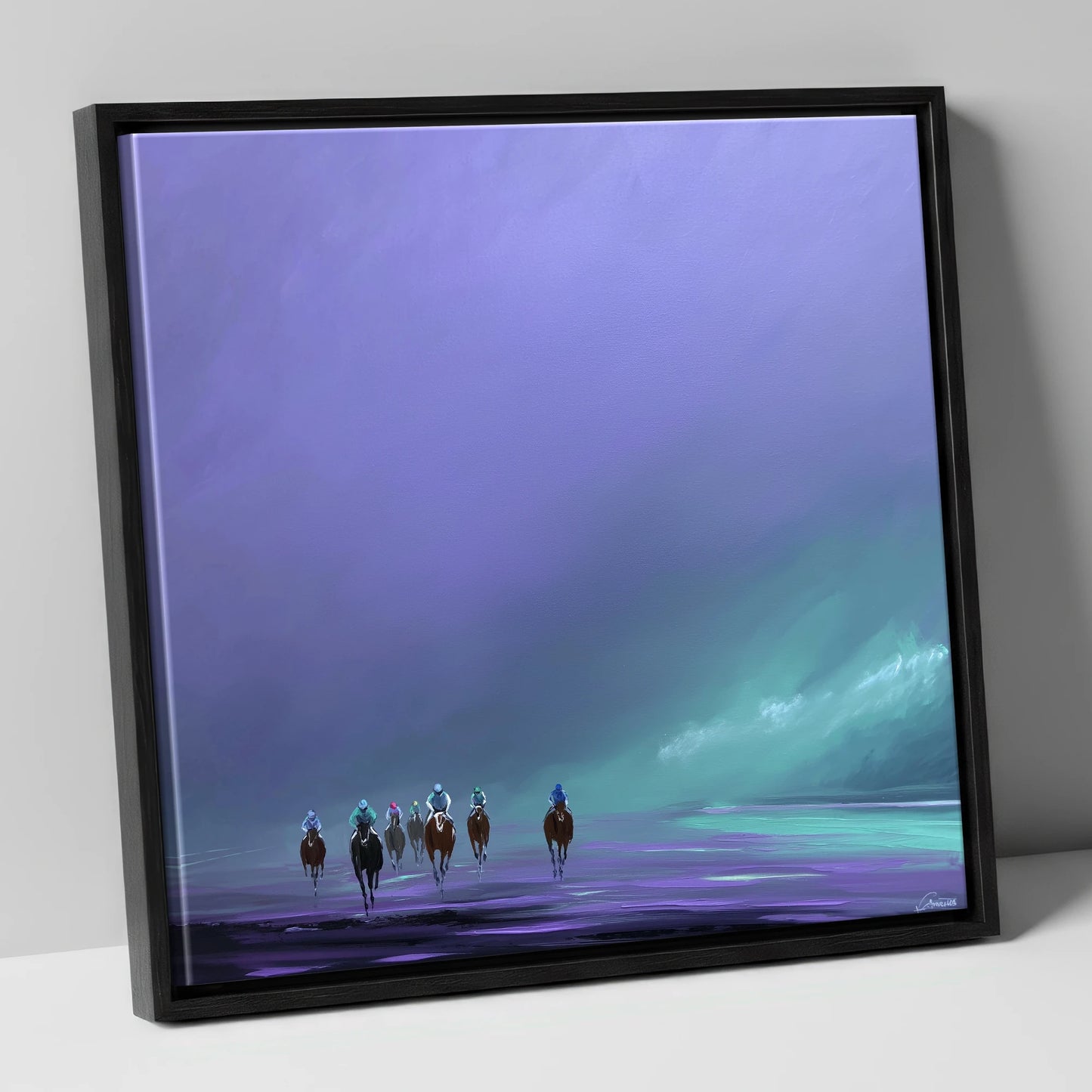 Violet Dawn Gallops racing horse canvas wall art in black frame