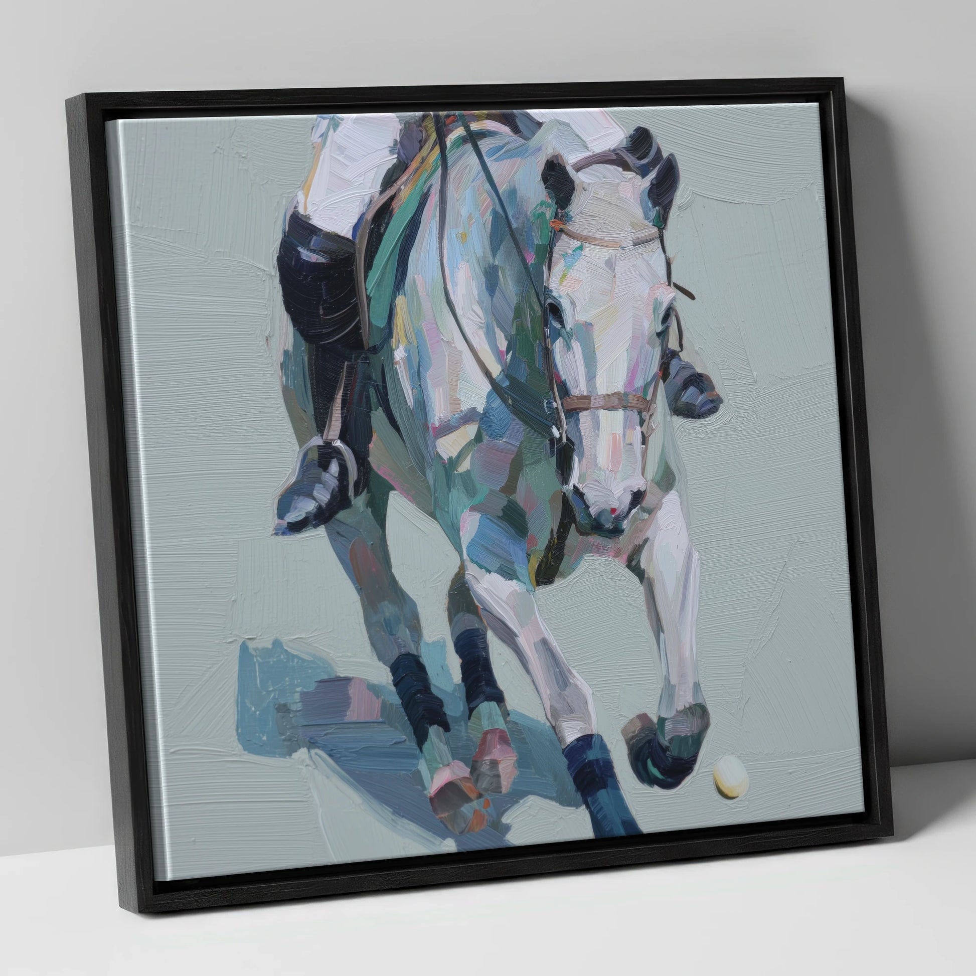 Pastel Polo Charge polo horse canvas wall art in black frame