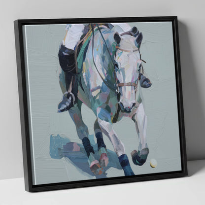 Pastel Polo Charge polo horse canvas wall art in black frame