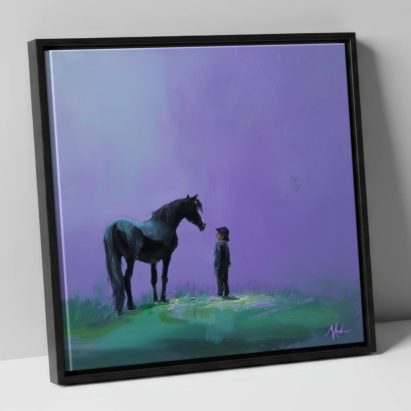 Shared Silence horse & rider canvas wall art in black frame