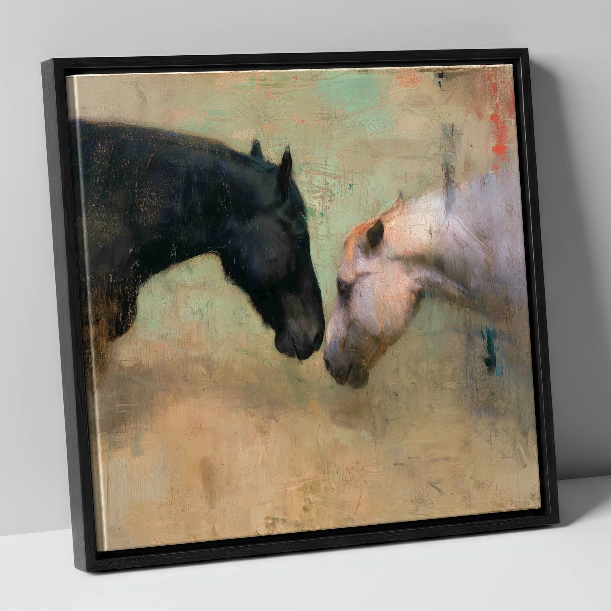 Silent Greeting horse portrait canvas wall art in black frame