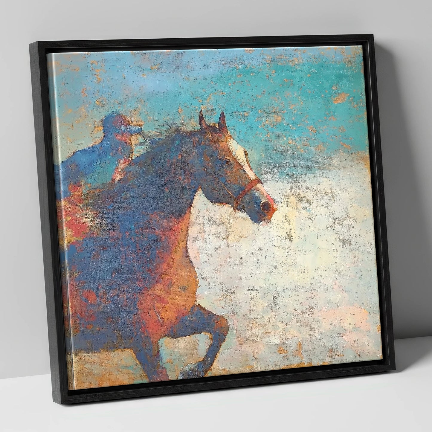 Echoes of the Turf racing horse canvas wall art in black frame