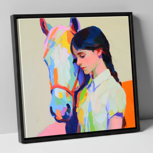 Vibrant Bond horse & rider canvas wall art in black frame
