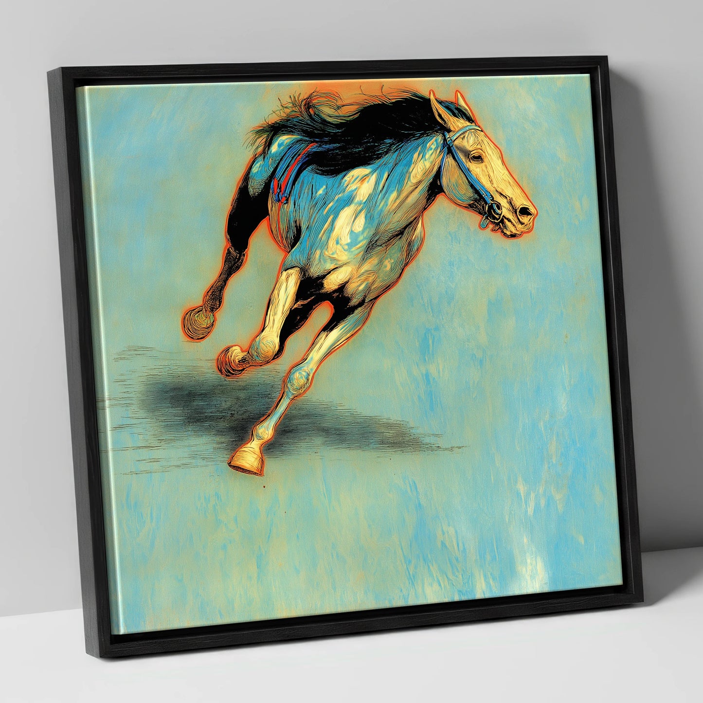Cerulean Sprint racing horse canvas wall art in black frame