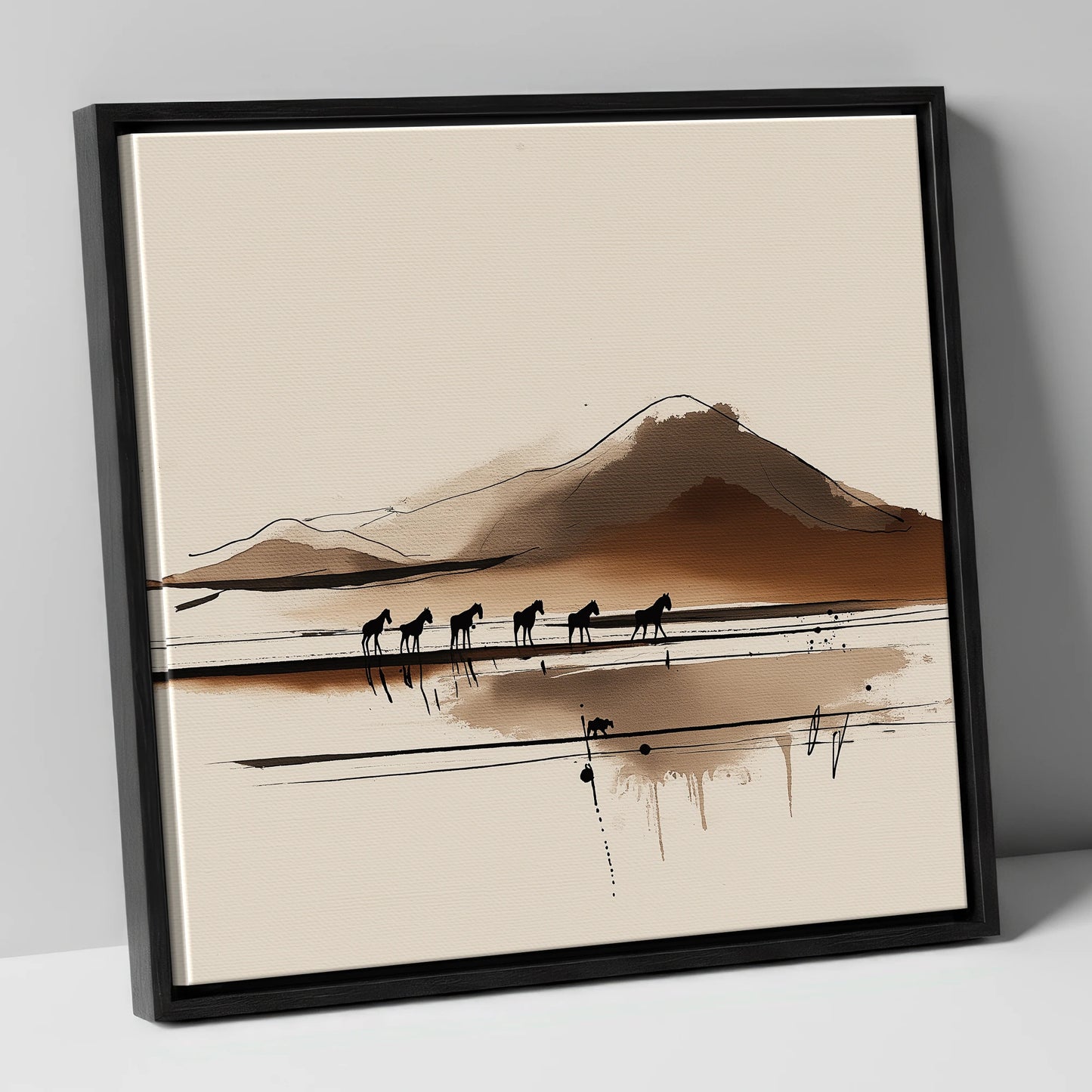 Journey Beneath the Peak horse landscape canvas wall art in black frame