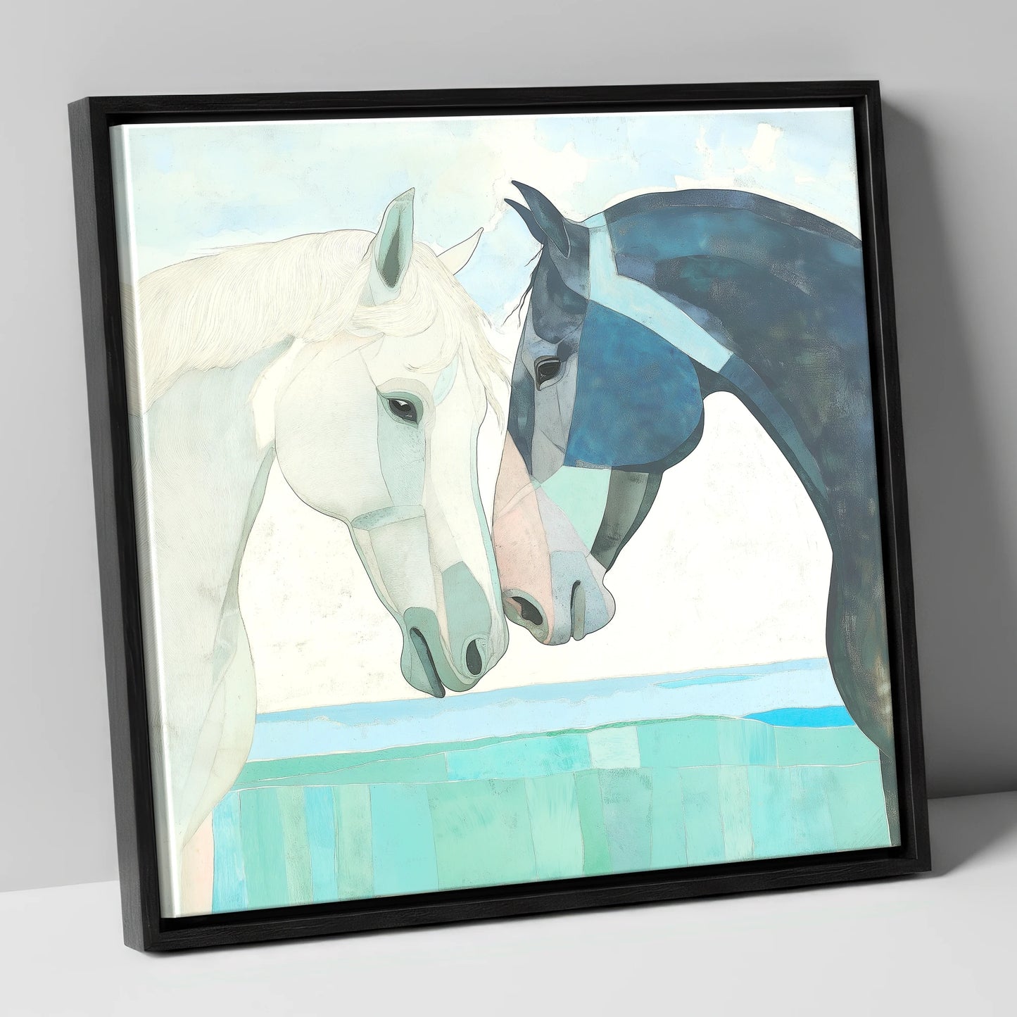 The Gentle Greeting horse portrait canvas wall art in black frame