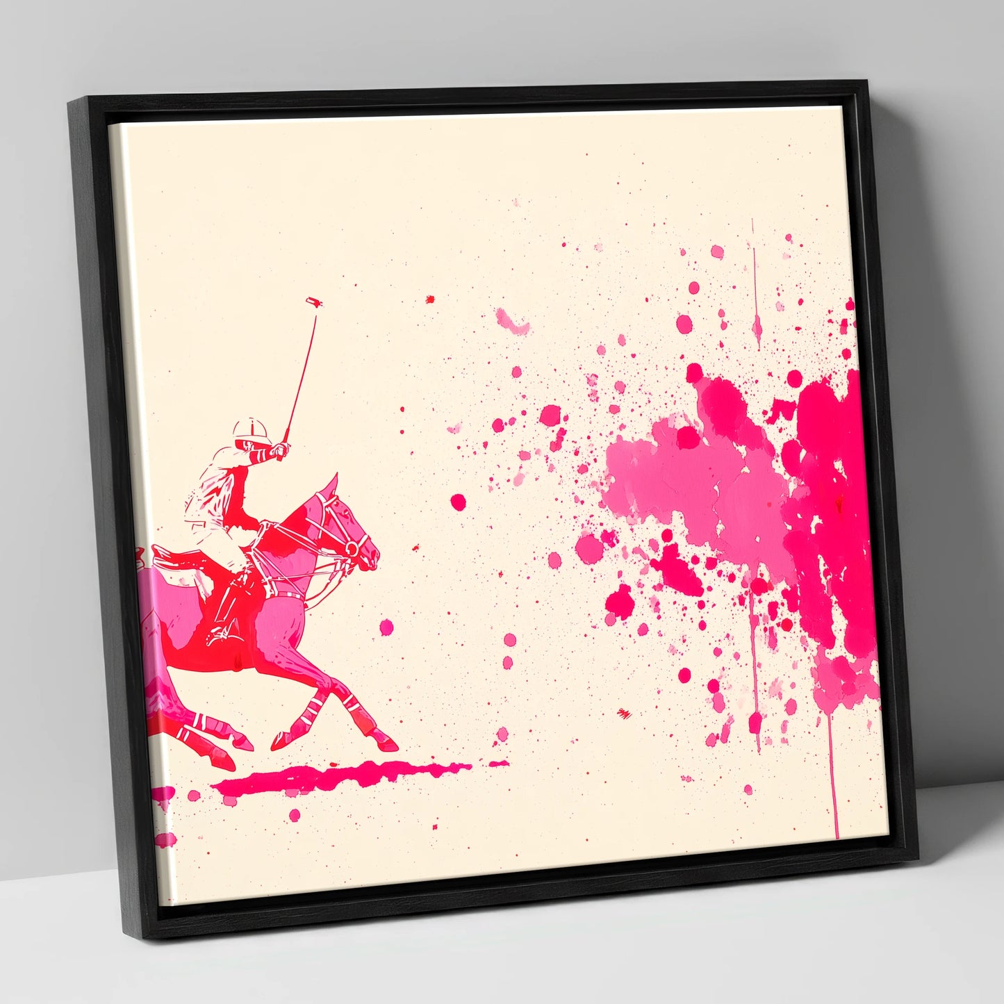 Magenta Polo Strike polo horse canvas wall art in black frame