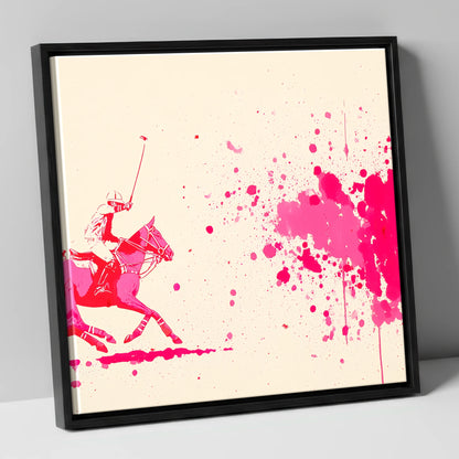 Magenta Polo Strike polo horse canvas wall art in black frame