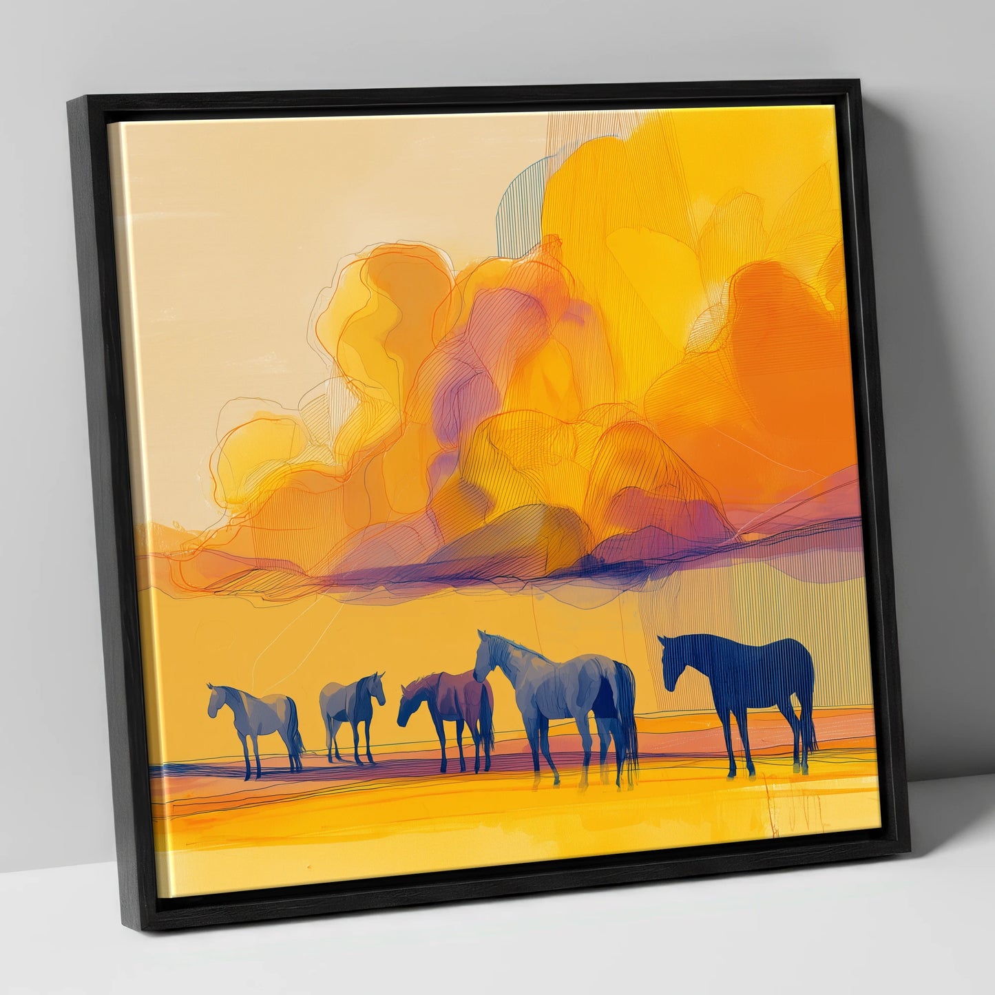 Vibrant Horizon Herd horse landscape canvas wall art in black frame