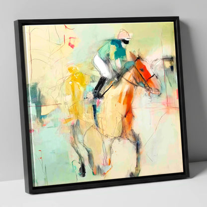 The Fleeting Stride racing horse canvas wall art in black frame