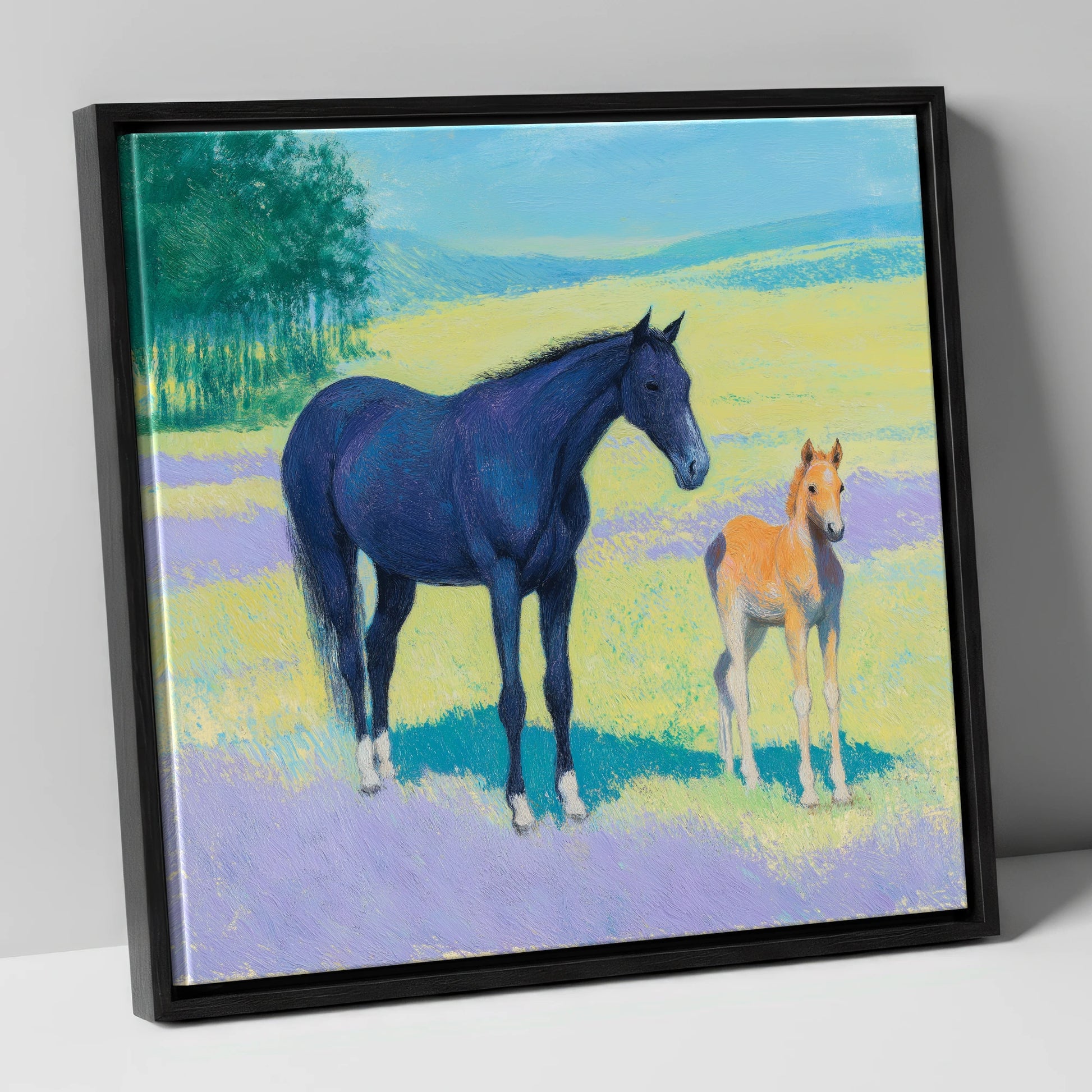 Lavender Meadow Bond mare & foal canvas wall art in black frame