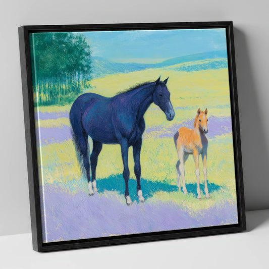 Lavender Meadow Bond mare & foal canvas wall art in black frame