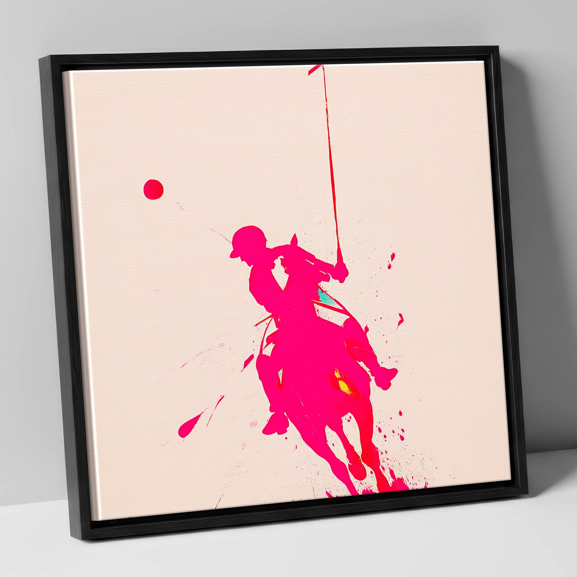 Vivid Polo Strike polo horse canvas wall art in black frame