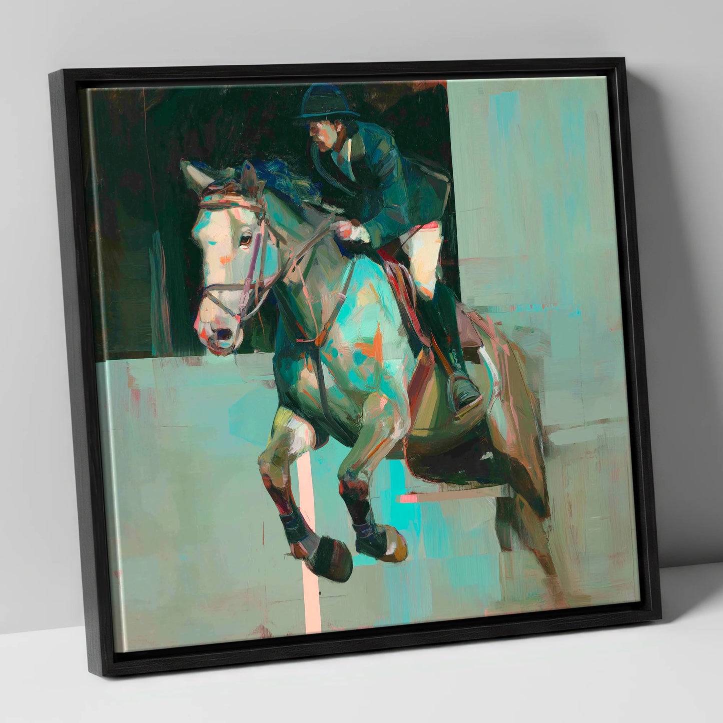 Suspended in Colour show jumping horse canvas wall art in black frame