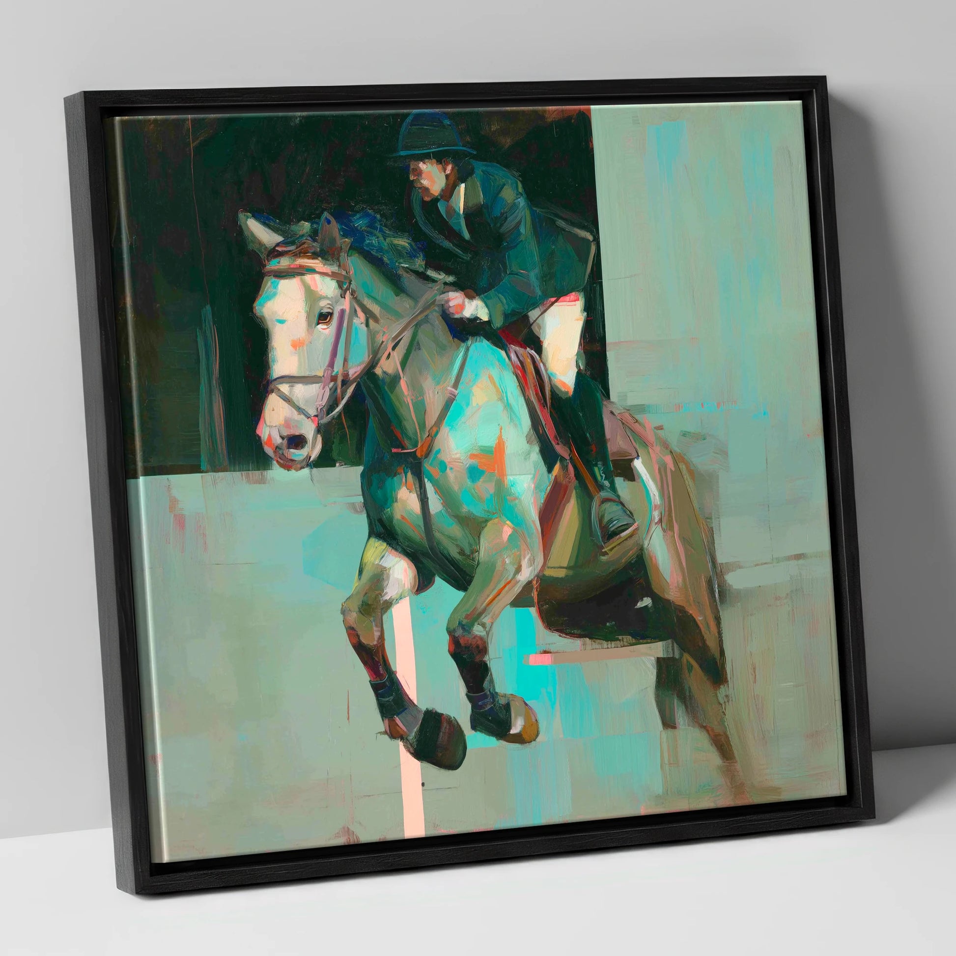 Suspended in Colour show jumping horse canvas wall art in black frame