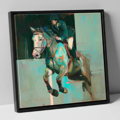 Suspended in Colour show jumping horse canvas wall art in black frame