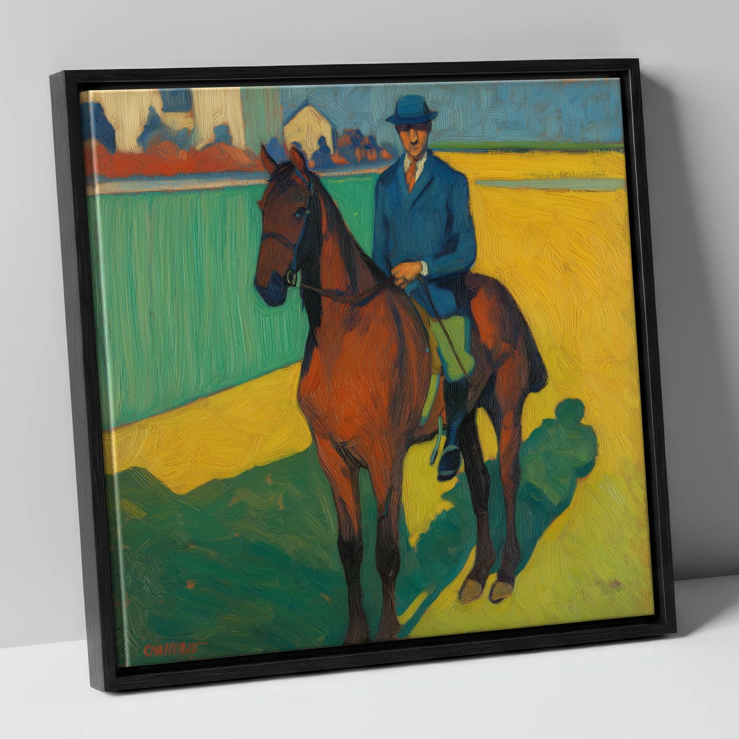 Vivid Morning Exercise racing horse canvas wall art in black frame
