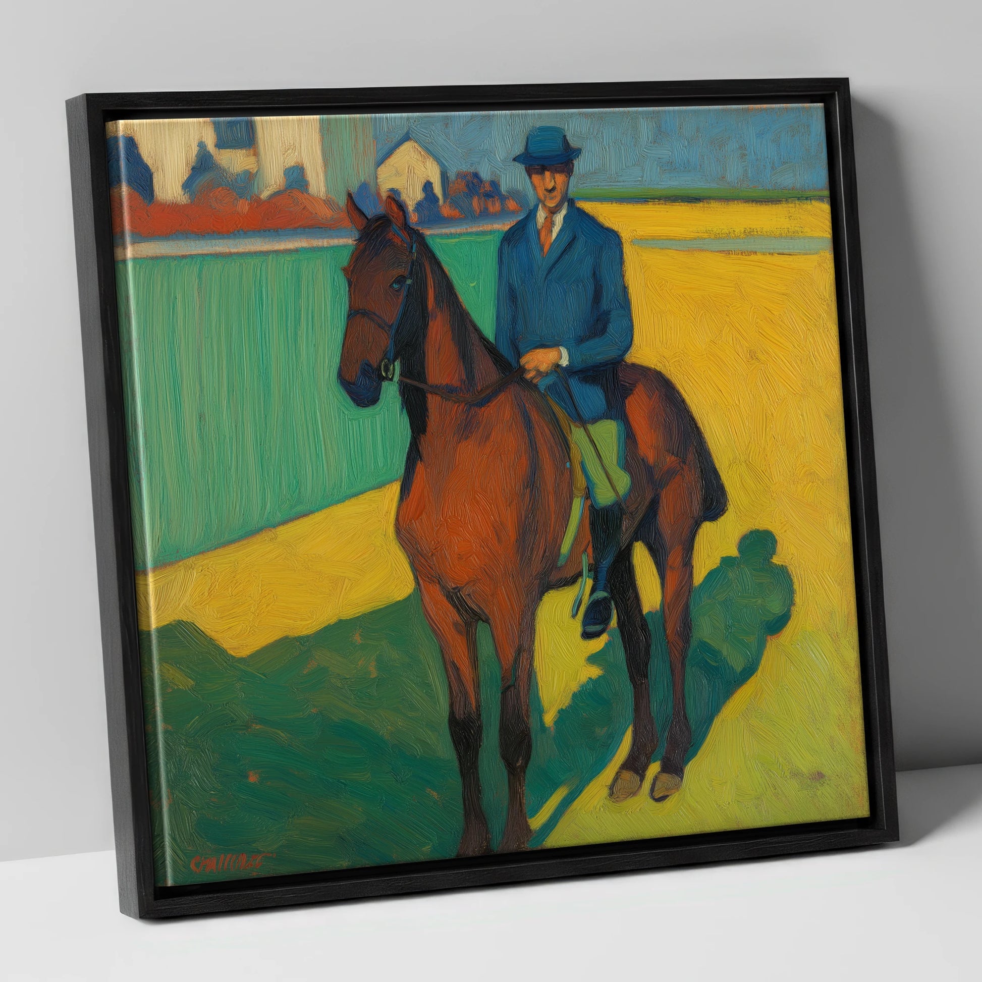 Vivid Morning Exercise racing horse canvas wall art in black frame