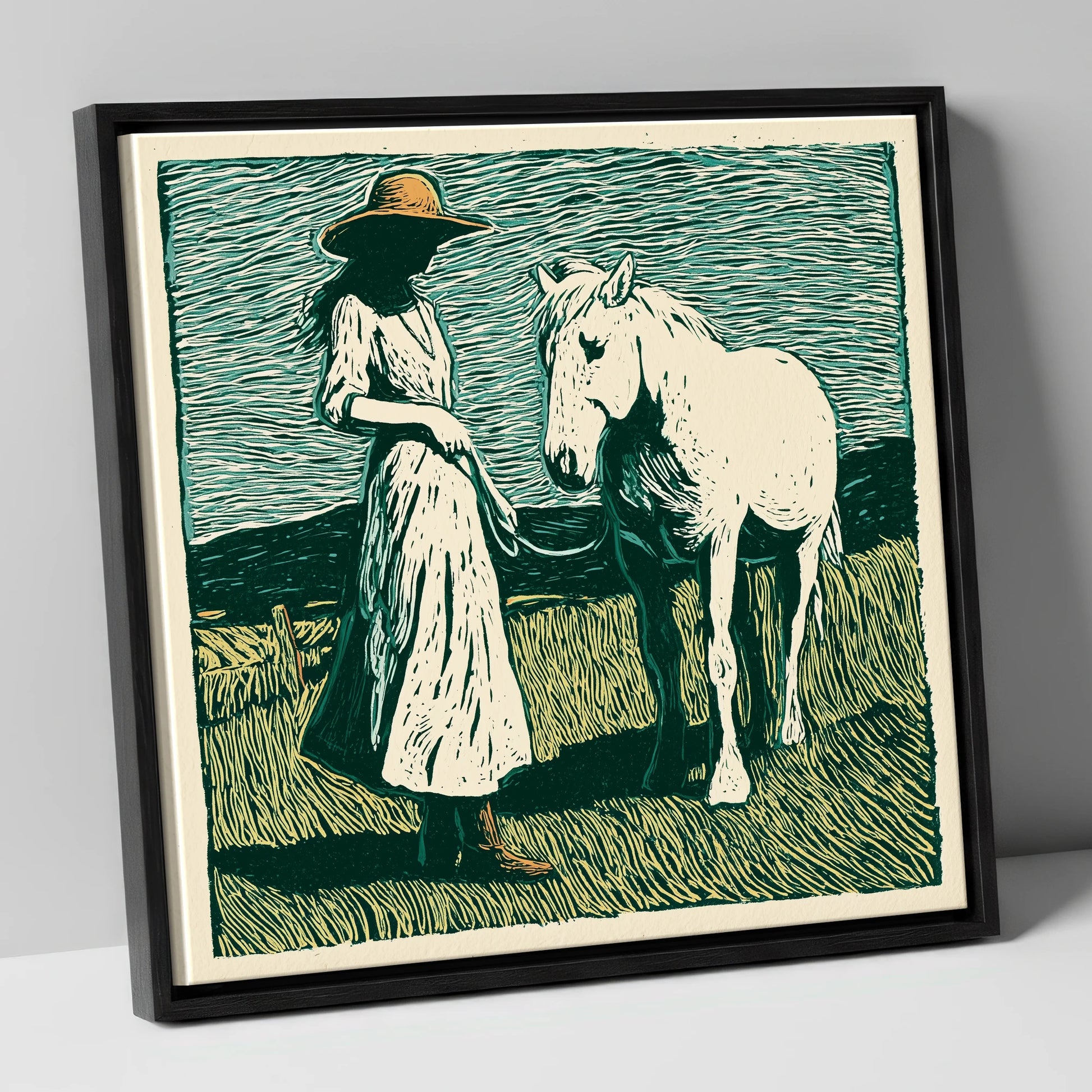 Windswept Companions horse & rider canvas wall art in black frame
