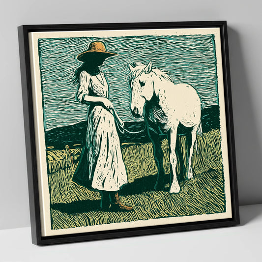 Windswept Companions horse & rider canvas wall art in black frame