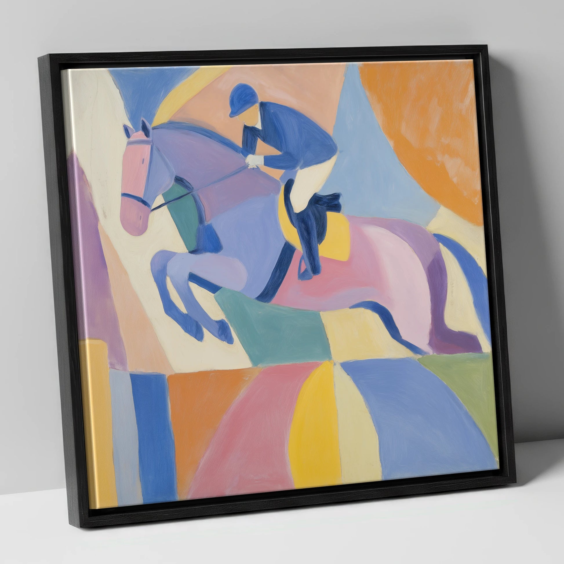 Geometric Flight show jumping horse canvas wall art in black frame