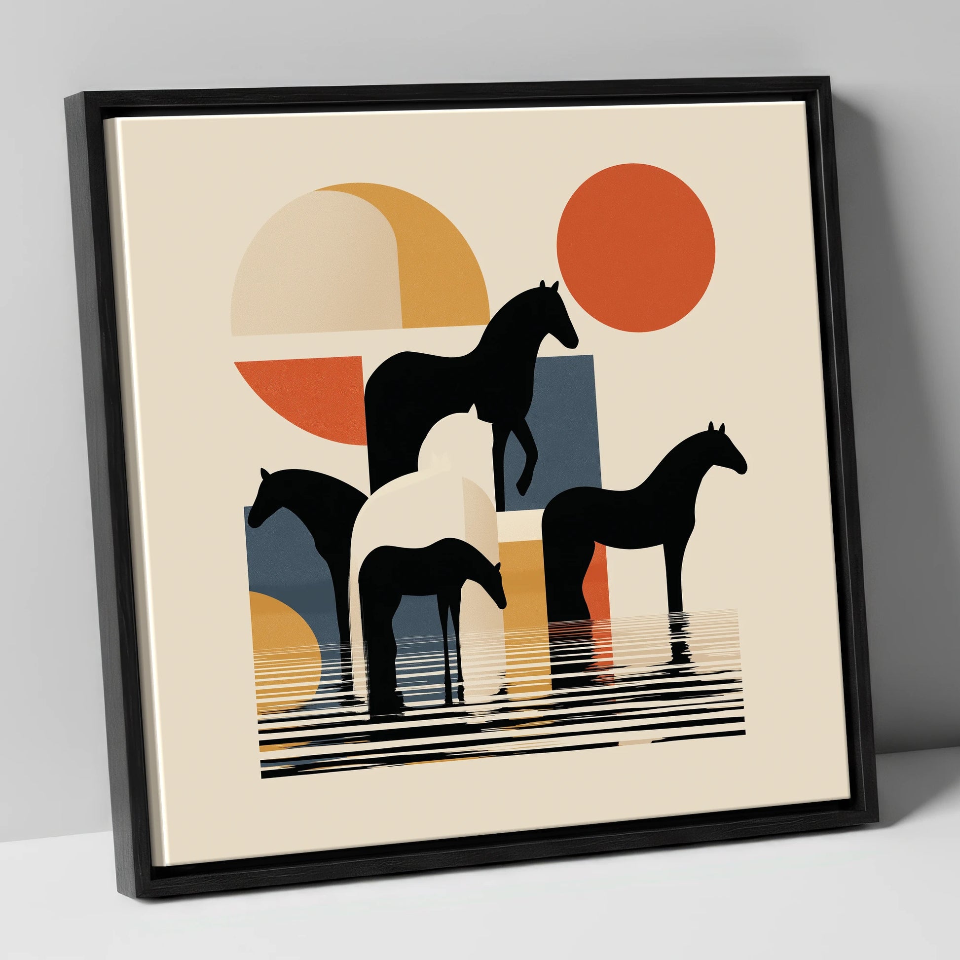 Geometric Equine Reflections wild horses canvas wall art in black frame