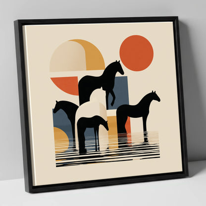 Geometric Equine Reflections wild horses canvas wall art in black frame