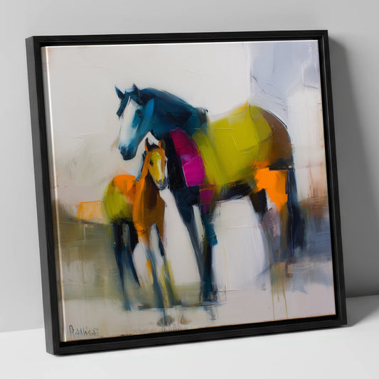 Vibrant Bond mare & foal canvas wall art in black frame
