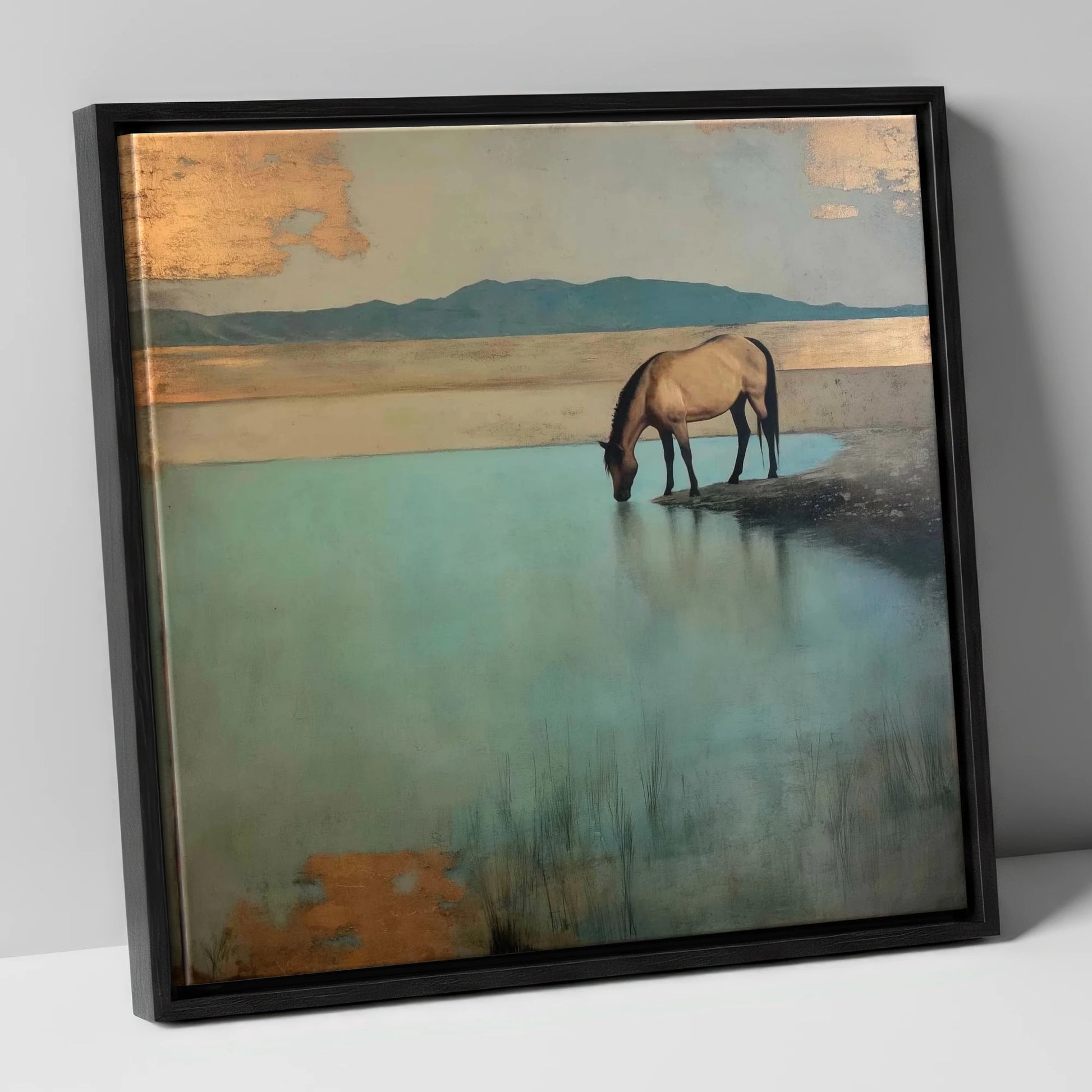 Gilded Solitude at Dusk horse landscape canvas wall art in black frame