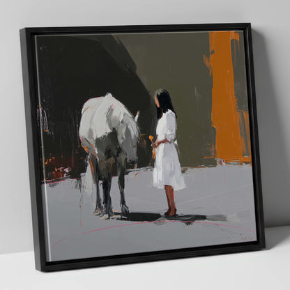 Silent Dialogue horse & rider canvas wall art in black frame