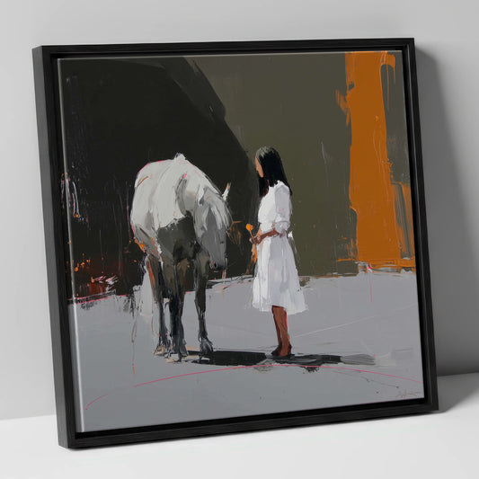 Silent Dialogue horse & rider canvas wall art in black frame
