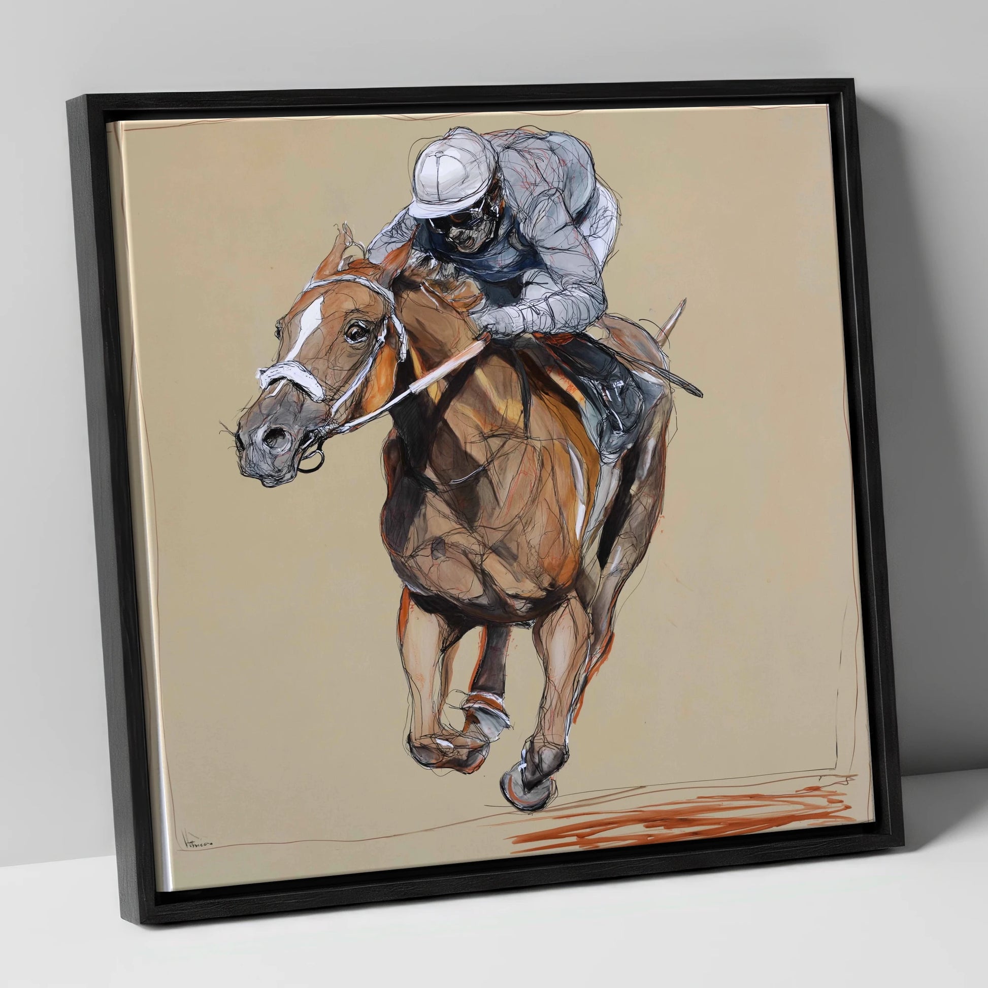 Driving Finish racing horse canvas wall art in black frame