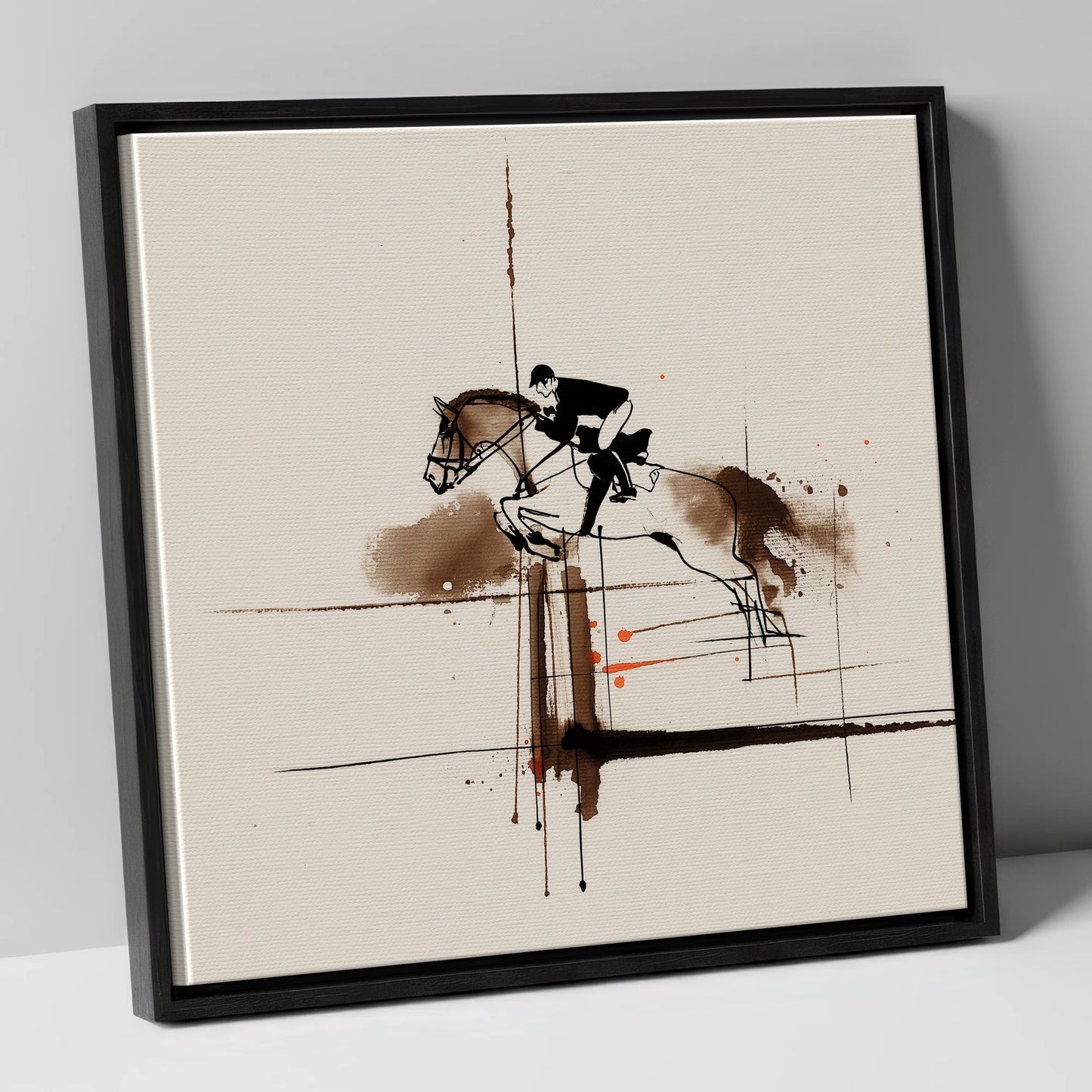 Clearing the Vertical show jumping horse canvas wall art in black frame