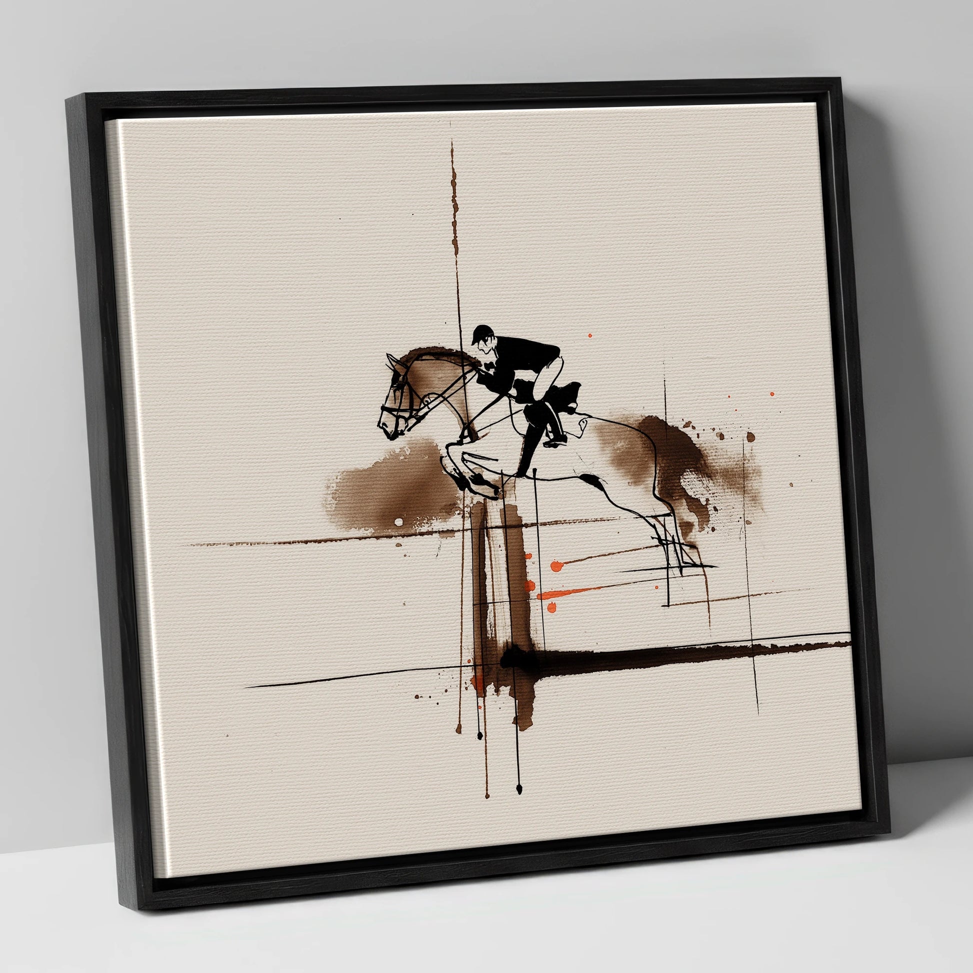 Clearing the Vertical show jumping horse canvas wall art in black frame