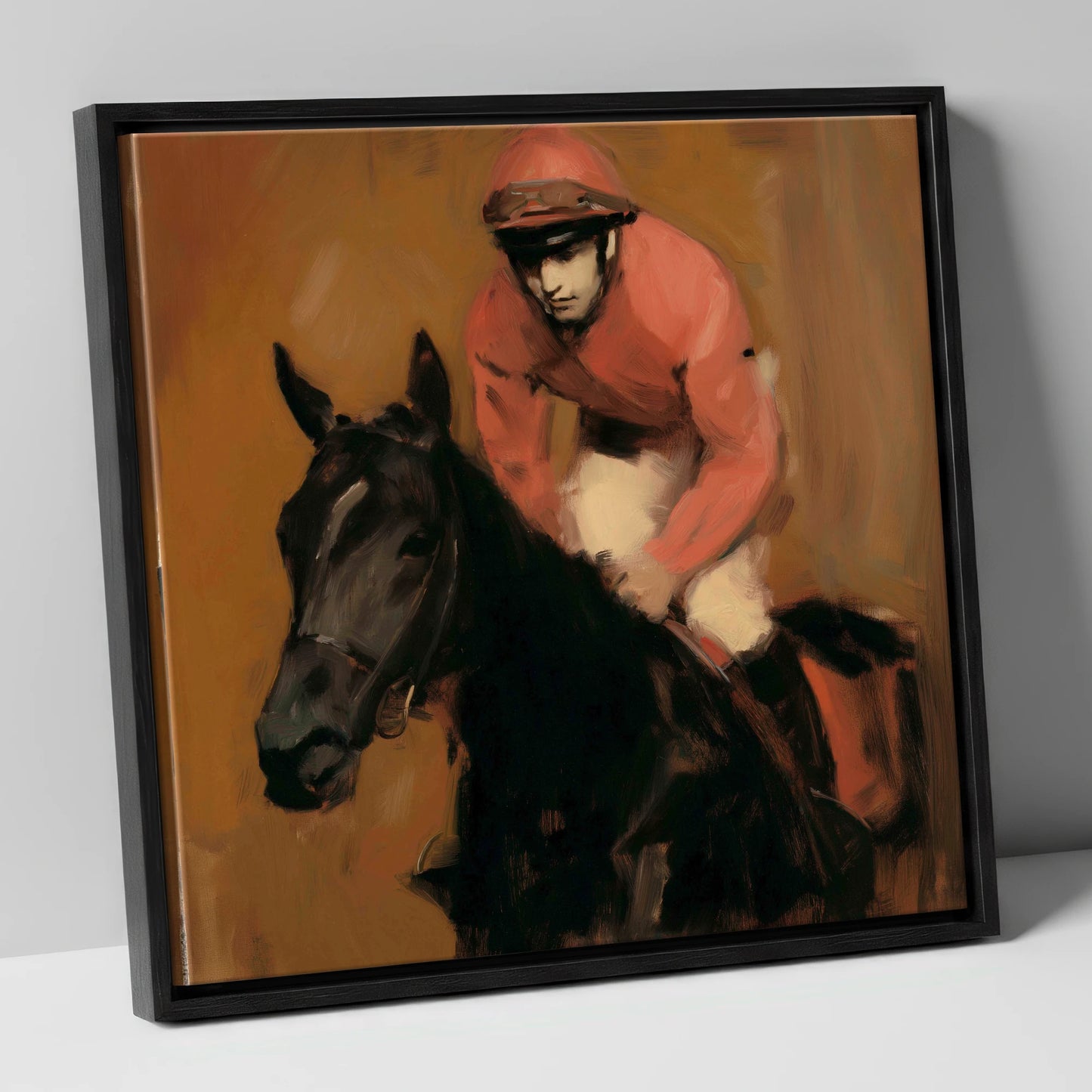 Quiet Anticipation racing horse canvas wall art in black frame