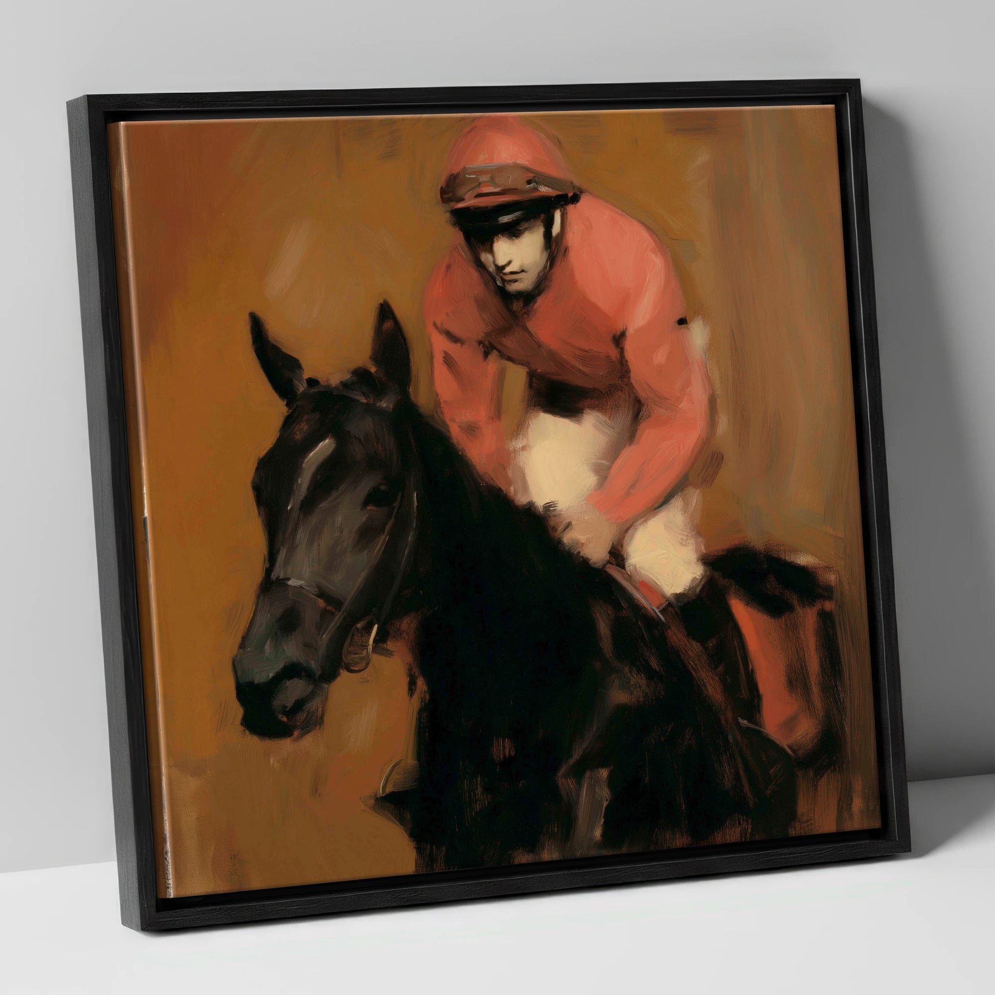 Quiet Anticipation racing horse canvas wall art in black frame