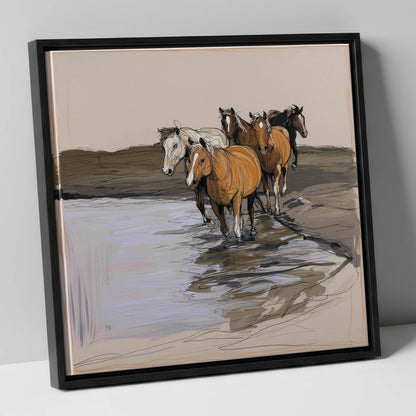 Herd at the Shallows wild horses canvas wall art in black frame