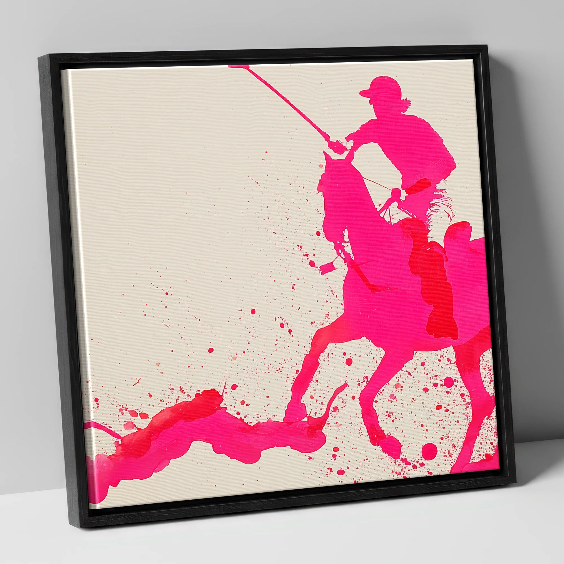 Vibrant Polo Strike polo horse canvas wall art in black frame