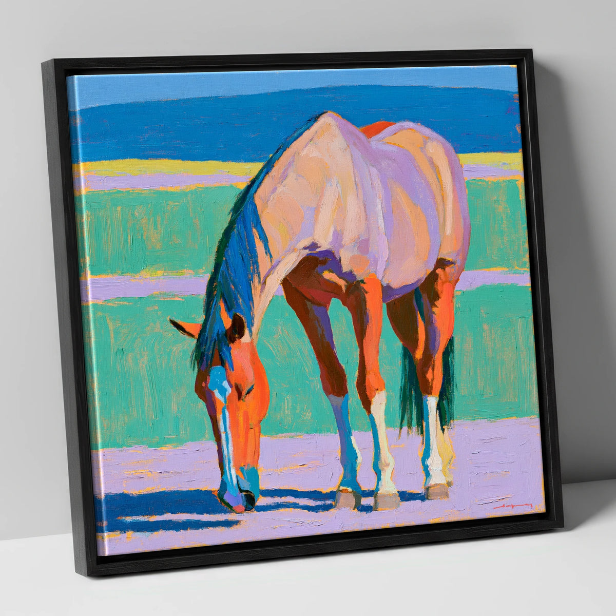Colourful Grazing Horse horse breed canvas wall art in black frame