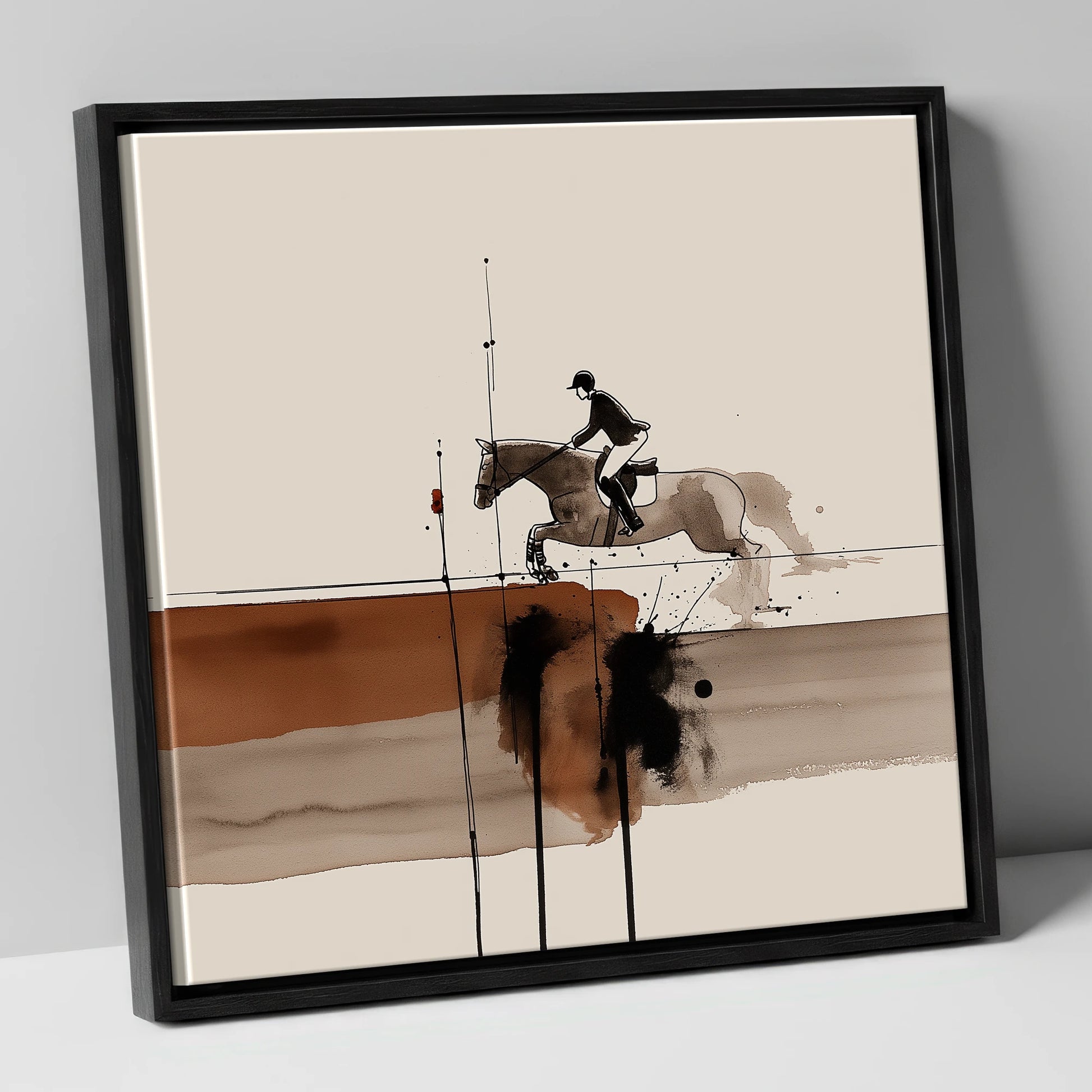 Airborne in Sepia show jumping horse canvas wall art in black frame