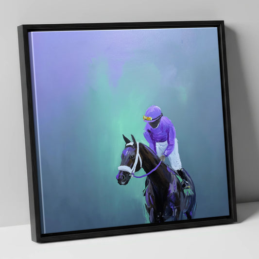 Quiet at the Post racing horse canvas wall art in black frame